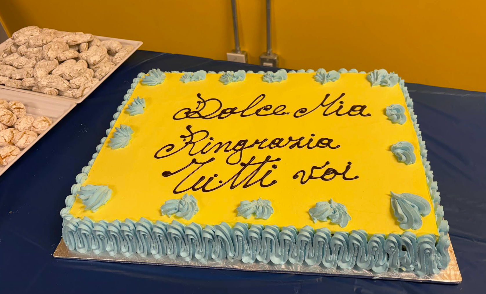 Celebration cake made by Gelateria Dolce Mia with yellow icing and blue piping